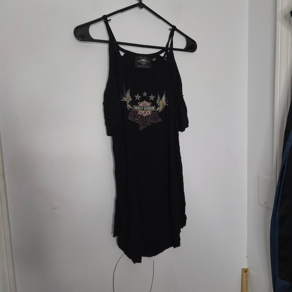 Harley-Davidson Womens Cold Shoulder Graphic Top Black Strappy Lattice Large